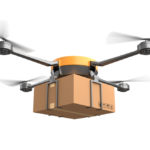 Delivery drone with the cardboard box on white background.