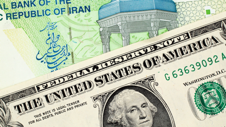 Iranian 10000 Rial Note With American One Dollar Bill